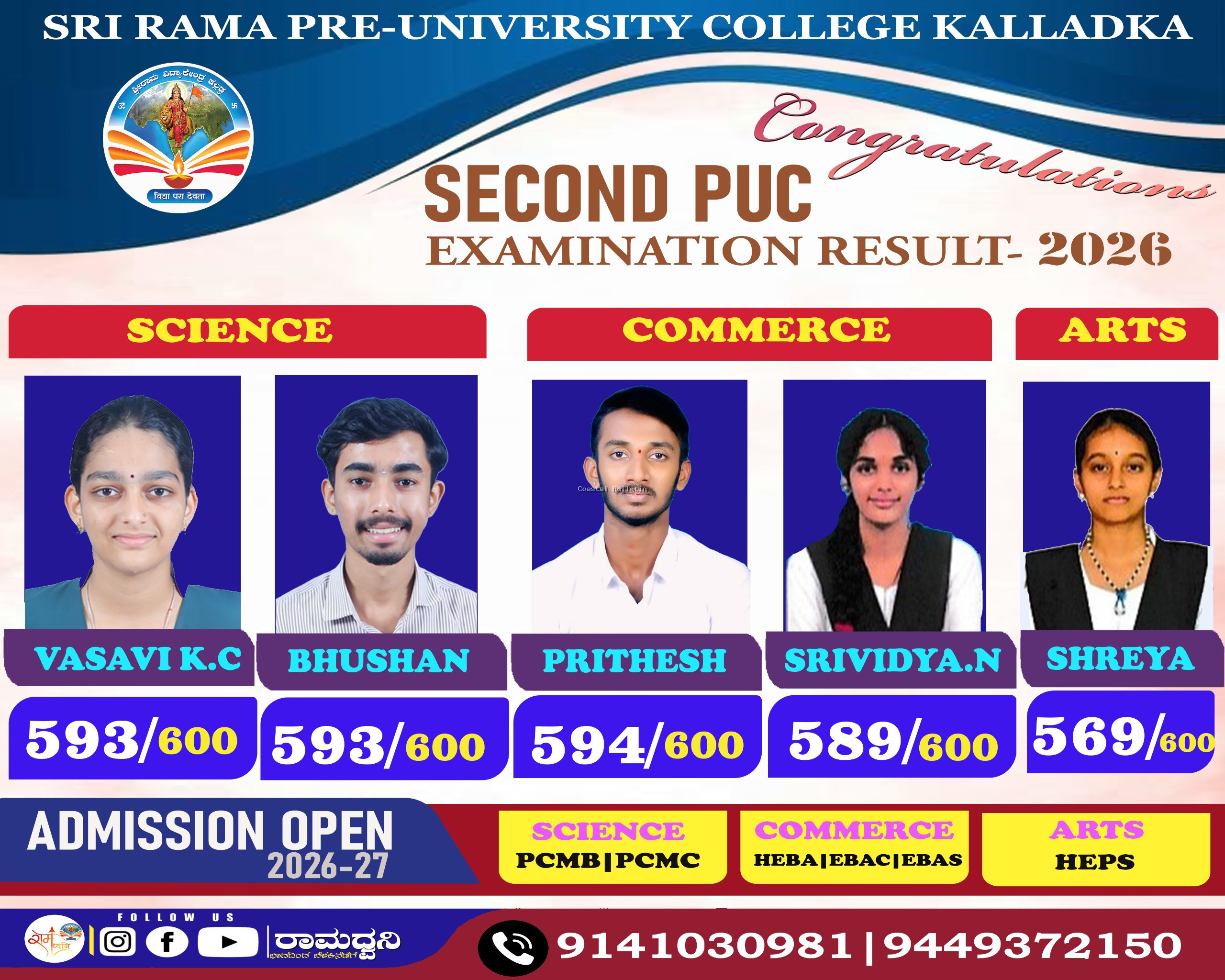 ಕಲ್ಲಡ್ಕ: ಶ್ರೀರಾಮ ಪದವಿ ಪೂರ್ವ ವಿದ್ಯಾಲಯ ಶೇ.97 ಫಲಿತಾಂಶದ ಸಾಧನೆ .