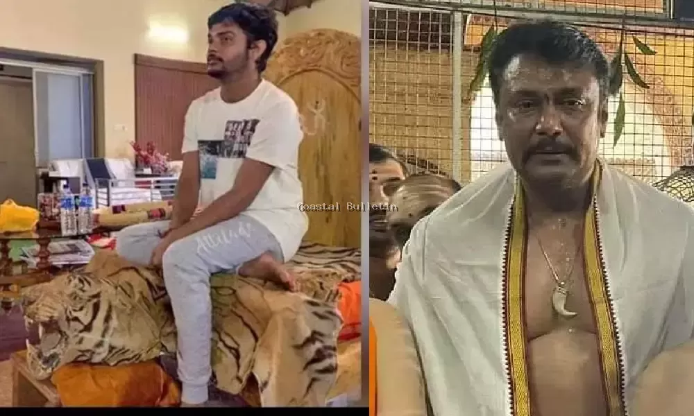 ಹುಲಿಯ ಹಲ್ಲು ಧರಿಸಿದ ದರ್ಶನ್ ಹಾಗೂ ಹುಲಿ ಚರ್ಮದ ಮೇಲೆ ಕುಳಿತ ವಿನಯ್ ಗುರೂಜಿ ವಿರುದ್ಧ ದೂರು ದಾಖಲು.
